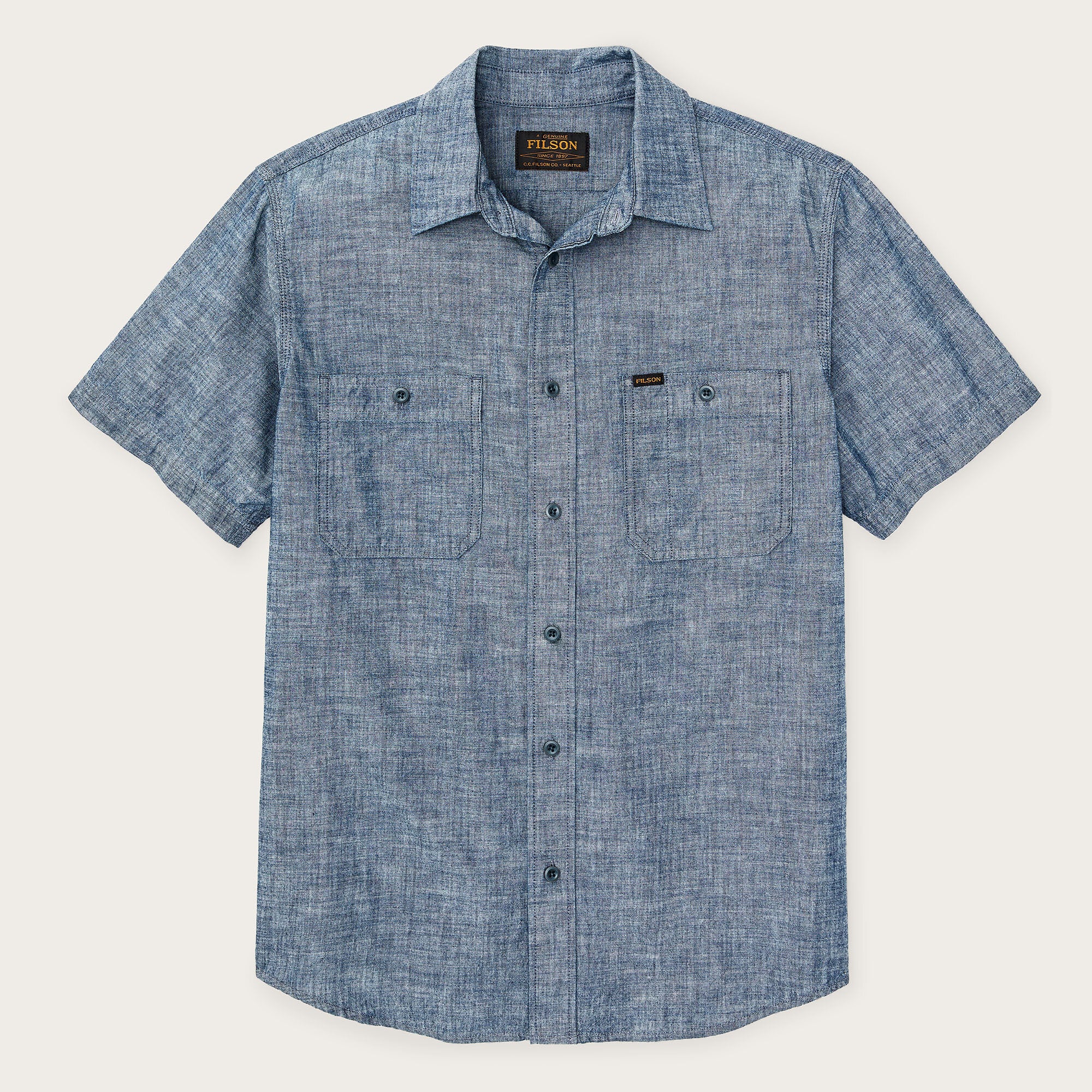 SHORT SLEEVE EMBROIDERED CHAMBRAY SHIRT